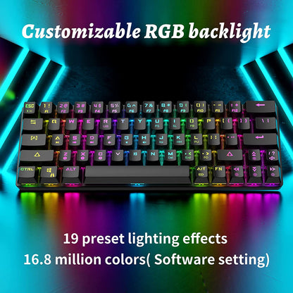 DK63 60% Wireless Mechanical Keyboard, RGB Backlit Bluetooth Gaming Keyboard Wired Dedicated Arrow Keys, Compact 63 Keys Mini Keyboard, Full Keys Programmable - Red Switch