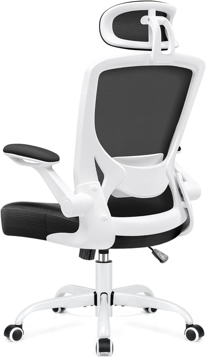 Ergonomic Office Chair, Breathable Mesh Desk Chair, Lumbar Support Computer Chair with Headrest and Flip-Up Arms, Swivel Task Chair, Adjustable Height Gaming Chair, White