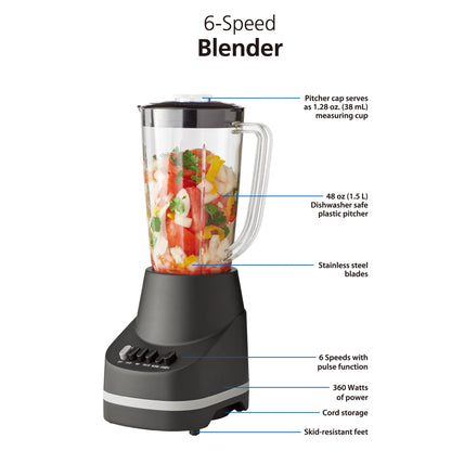 6 Speed Blender with 48 Ounce Jar, 360 Watt, Black, New