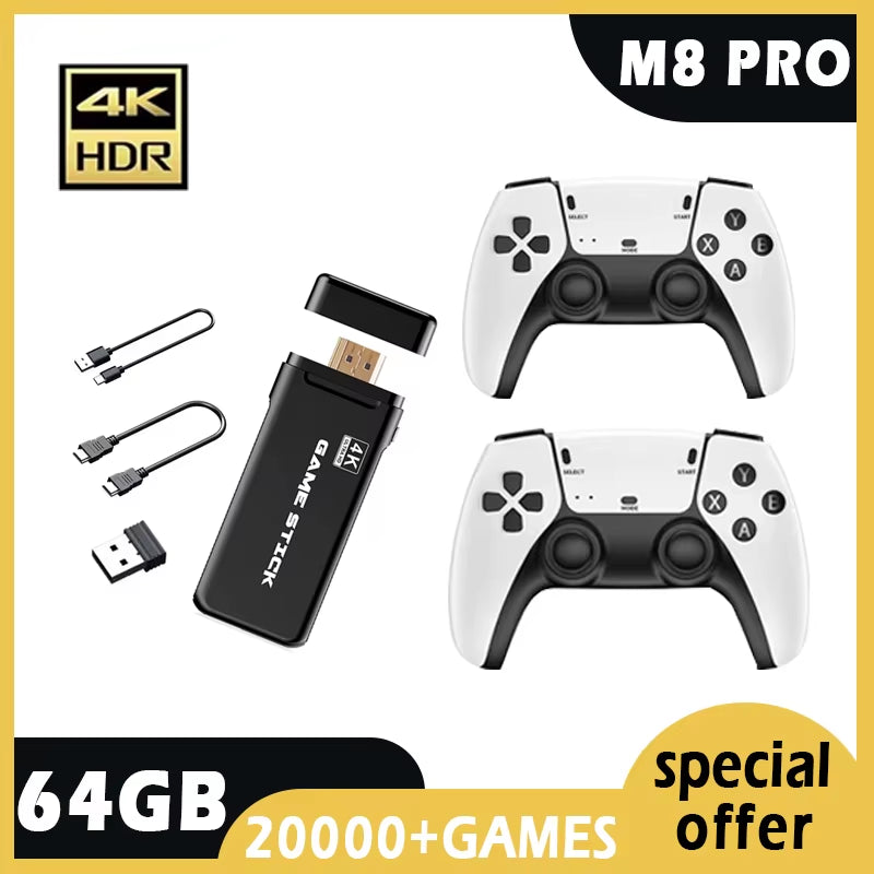 M8 PRO Video Game Console New 2.4G HD 4K Retro Dual Wireless Control Stick 20000 Games 64GB Electronic Game Console