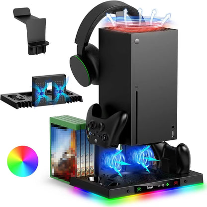 Cooling Fan Stand&Charging Station for Xbox Series X Console&Controller with 15RGB Color Light,Storage with 3-Levels Fan System